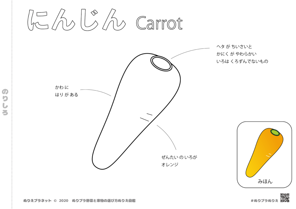 野菜と果物の選び方ぬりえ図鑑シリーズのやさい、人参です。