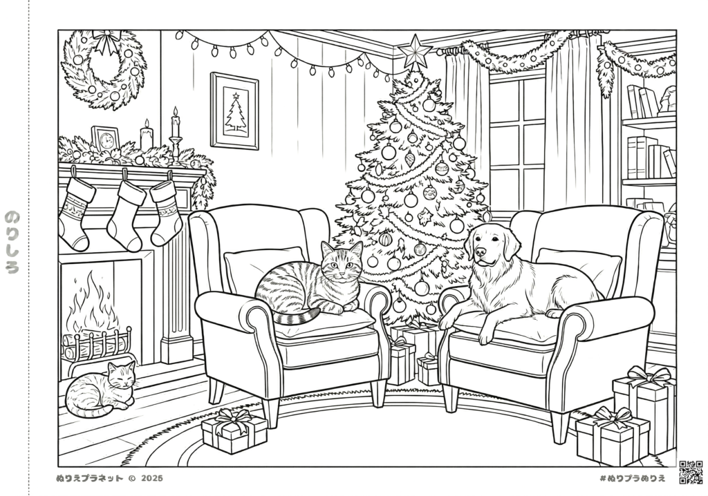 暖炉とクリスマスツリーがある部屋の風景の塗り絵。高齢者のレクリエーションや大人の塗り絵に適した、クリスマスの暖かな室内の様子。