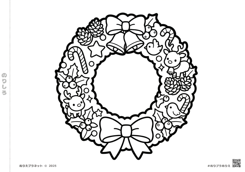 クリスマスリースの塗り絵：大きなリボンとベル、トナカイが飾られた子供向けの可愛いデザイン
