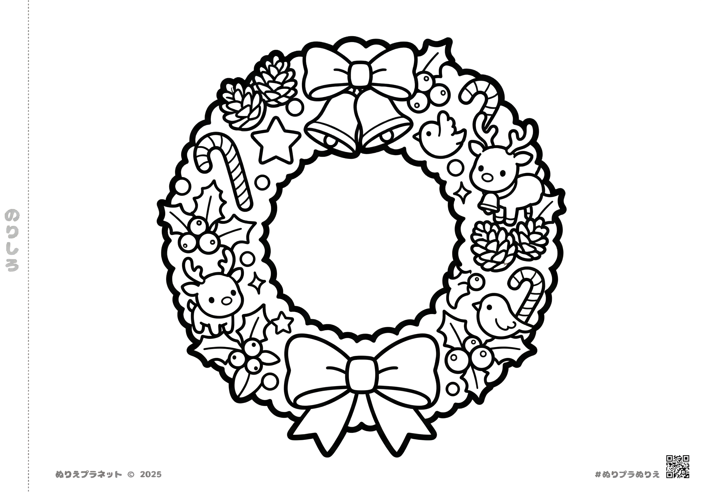 クリスマスリースの塗り絵：大きなリボンとベル、トナカイが飾られた子供向けの可愛いデザイン