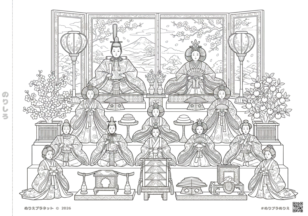 緻密に描かれた雛祭りの七段飾り（お内裏様・お雛様・五人囃子など）の難しい塗り絵