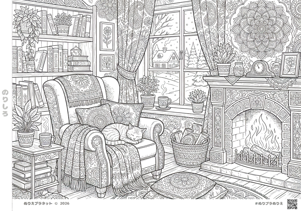 暖炉と眠る猫、本棚がある冬の居間の詳細な上級者向け塗り絵。壁紙やブランケットに細密な曼荼羅模様が施されたCozyなデザイン。