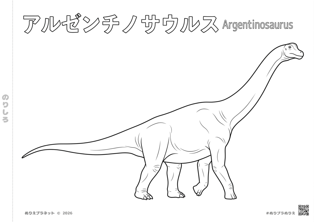 アルゼンチノサウルスの塗り絵。巨大な首と長い尾が特徴の竜脚類恐竜の線画イラスト。