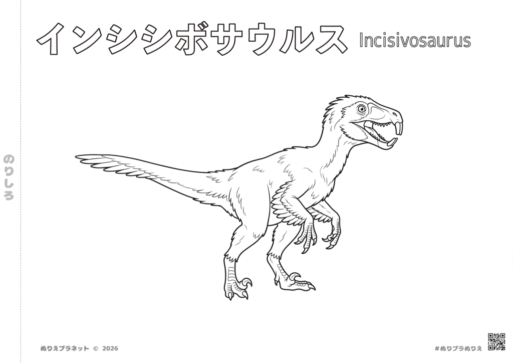 大きな前歯が特徴の羽毛恐竜インシシボサウルスの無料ぬりえイラスト(みんなのぬりえプラネット)