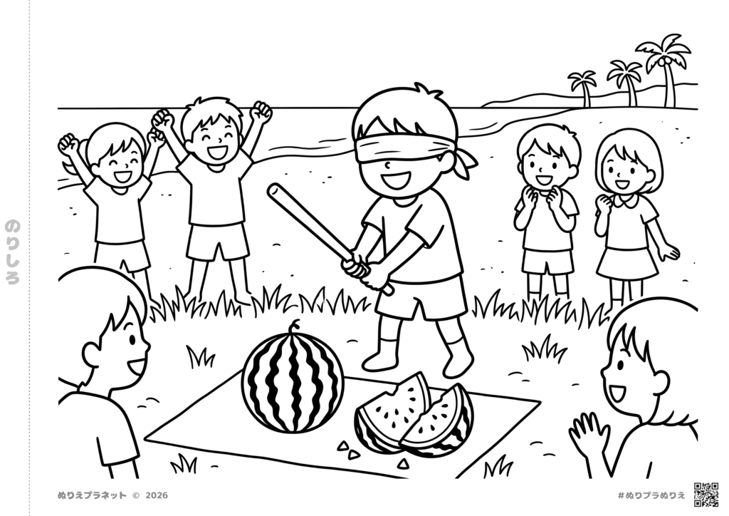 Coloring page of a child playing Suikawari, a traditional Japanese watermelon splitting game at the beach.