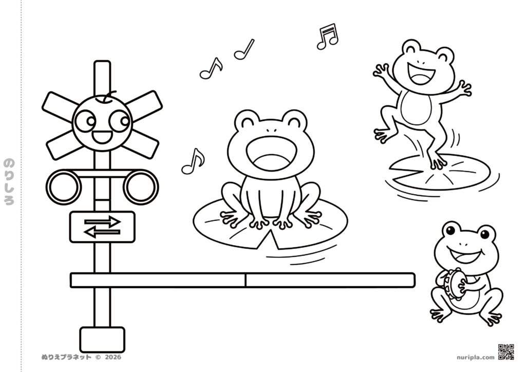 かわいいキャラクター「ふみきりんご」と3匹のカエルが蓮の葉の上で楽しそうに歌ったりタンバリンを叩いたりしている、梅雨の季節をテーマにした子供向け・高齢者向けの無料印刷ぬりえ(ぬりえプラネット)