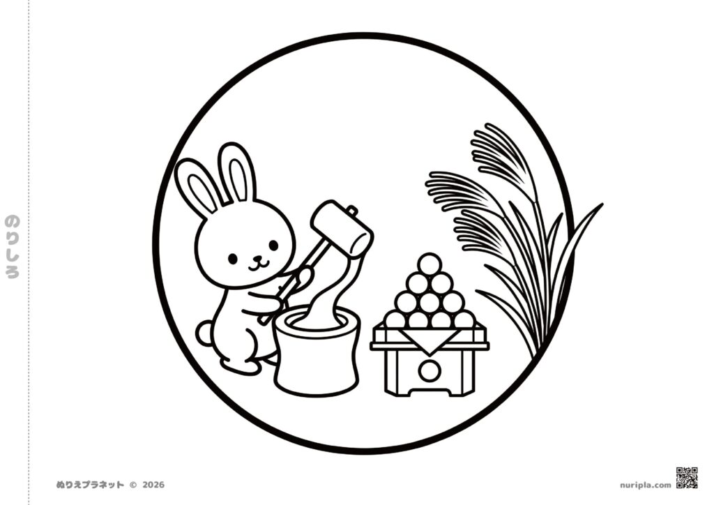 丸いフレームの中に描かれたうさぎの餅つきとお月見団子・ススキの塗り絵イラスト