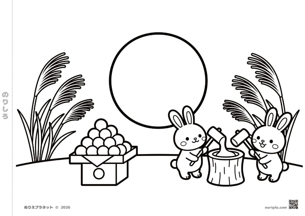 2羽のうさぎが仲良く餅つきをしている十五夜のお月見塗り絵イラスト