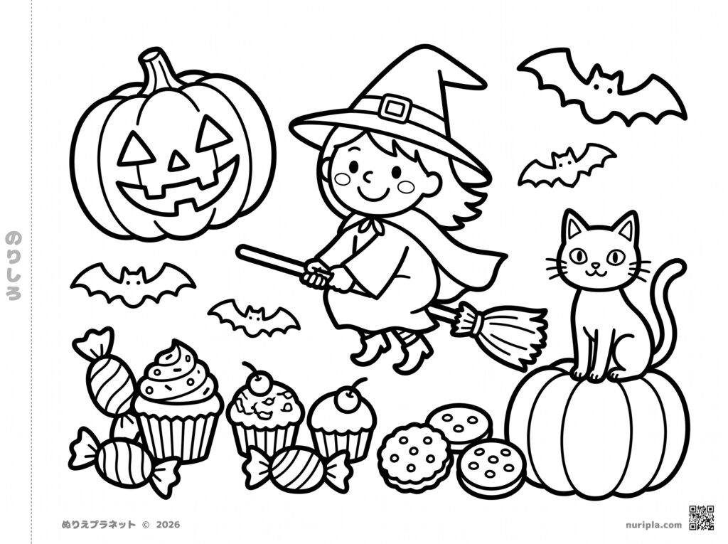 Simple Halloween coloring pages for toddlers and children. Free illustrations featuring a smiling pumpkin (Jack-o'-lantern), cute ghosts, bats, candy, and the phrase "Happy Halloween!" in white outline text.