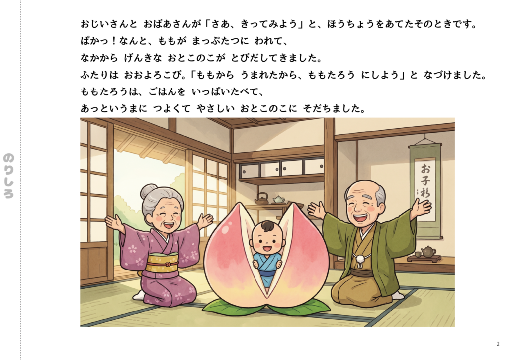 A peach splits in two, and a lively baby Momotaro pops out, much to the delight of his grandpa and grandma.