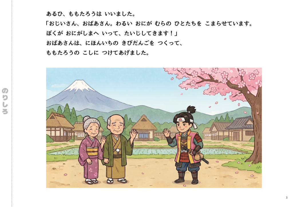 Grandpa and Grandma wave goodbye to Momotaro as he sets off on a journey to defeat the ogre, having received Japan’s finest kibi dango from Grandma.