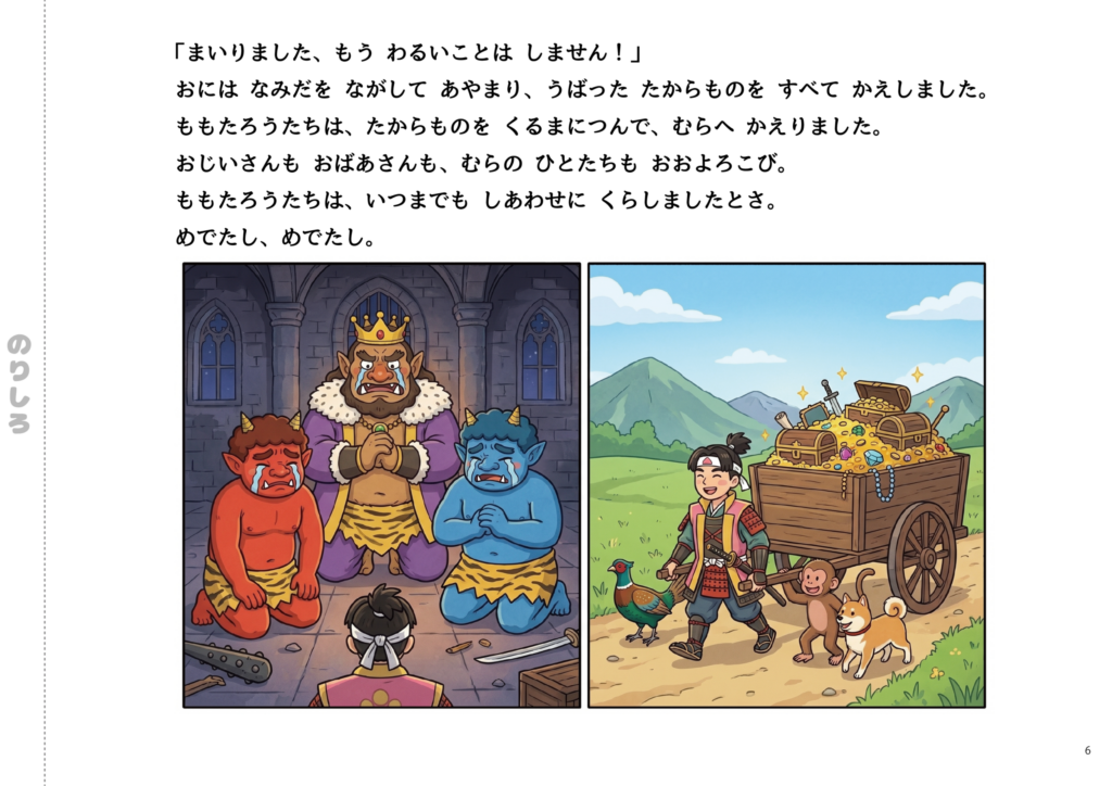 A happy ending featuring the ogres apologizing with tears in their eyes and Momotaro and his friends returning triumphantly to the village with the recovered treasure loaded onto a wagon.