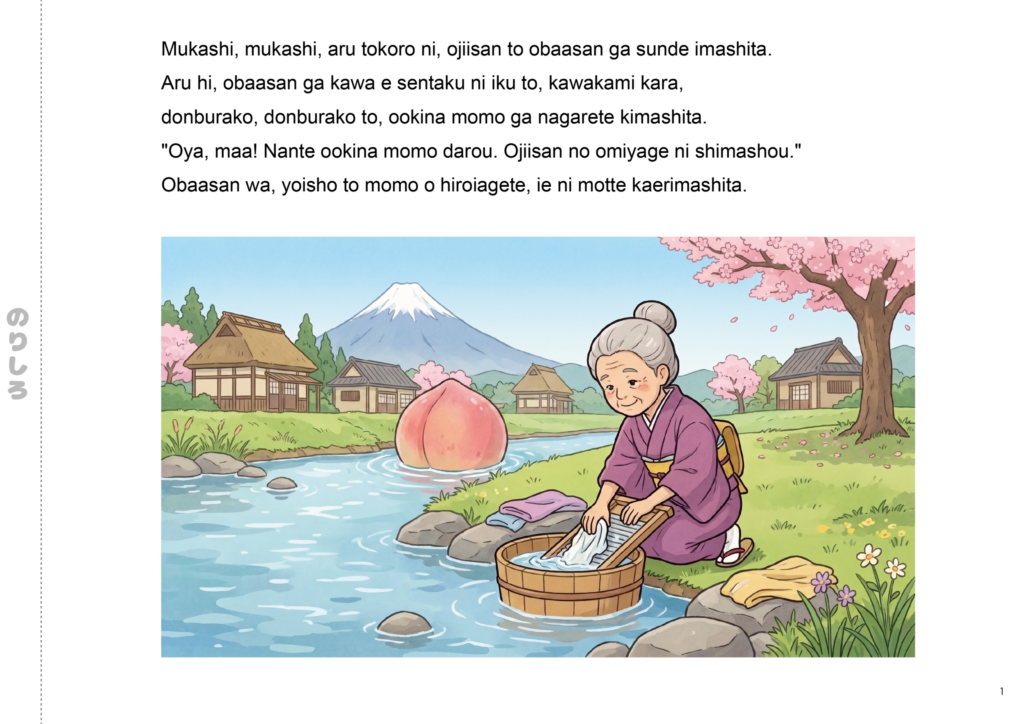 A Romanized, full-color picture book of the first episode of the folktale “Momotaro” (featuring the scene where an old woman is doing laundry by the river and a giant peach floats by, along with the story in Romanized script)