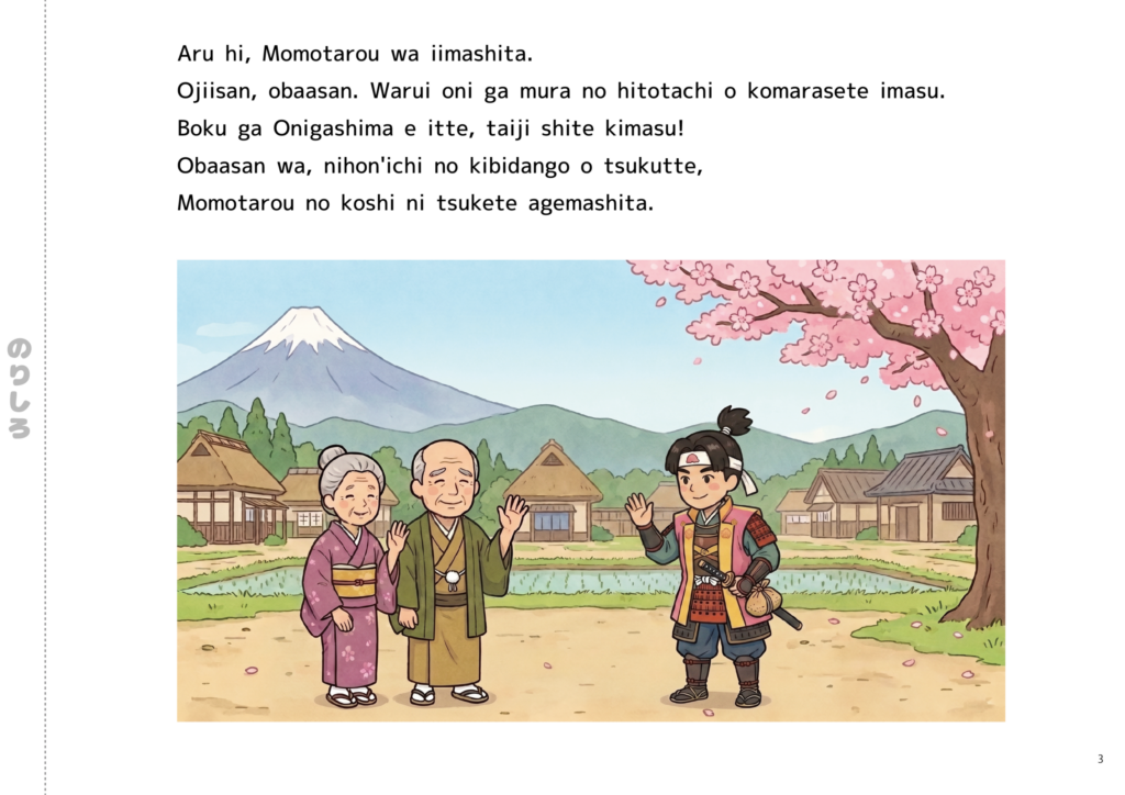 A Romanized, full-color picture book of the folktale "Momotaro," Chapter 3 (a scene showing Momotaro setting off for Oni Island after receiving Japan’s finest rice dumplings, and the people seeing him off)