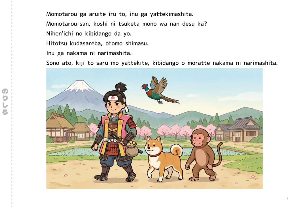 A Romanized, full-color picture book of the folktale “Momotaro,” Chapter 4 (showing the dog, monkey, and pheasant joining him as his companions after receiving rice cakes and marching together)