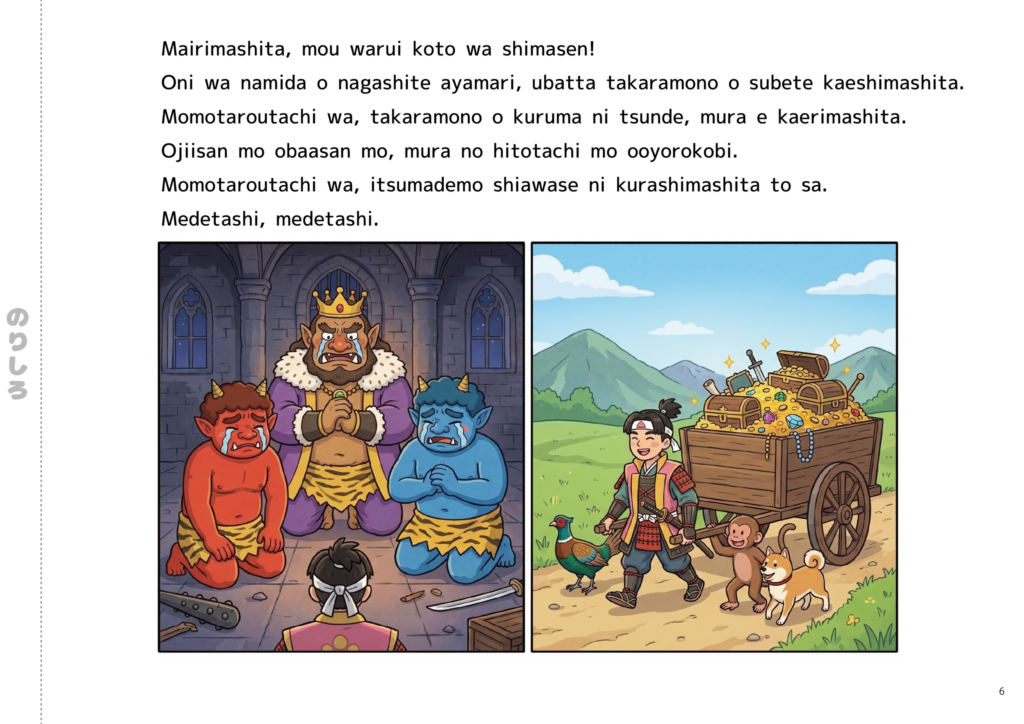 A Romanized, full-color picture book of the final chapter of the folktale “Momotaro” (a happy ending featuring an ogre who apologizes with tears in his eyes and the hero returning home pulling a cart loaded with treasures)