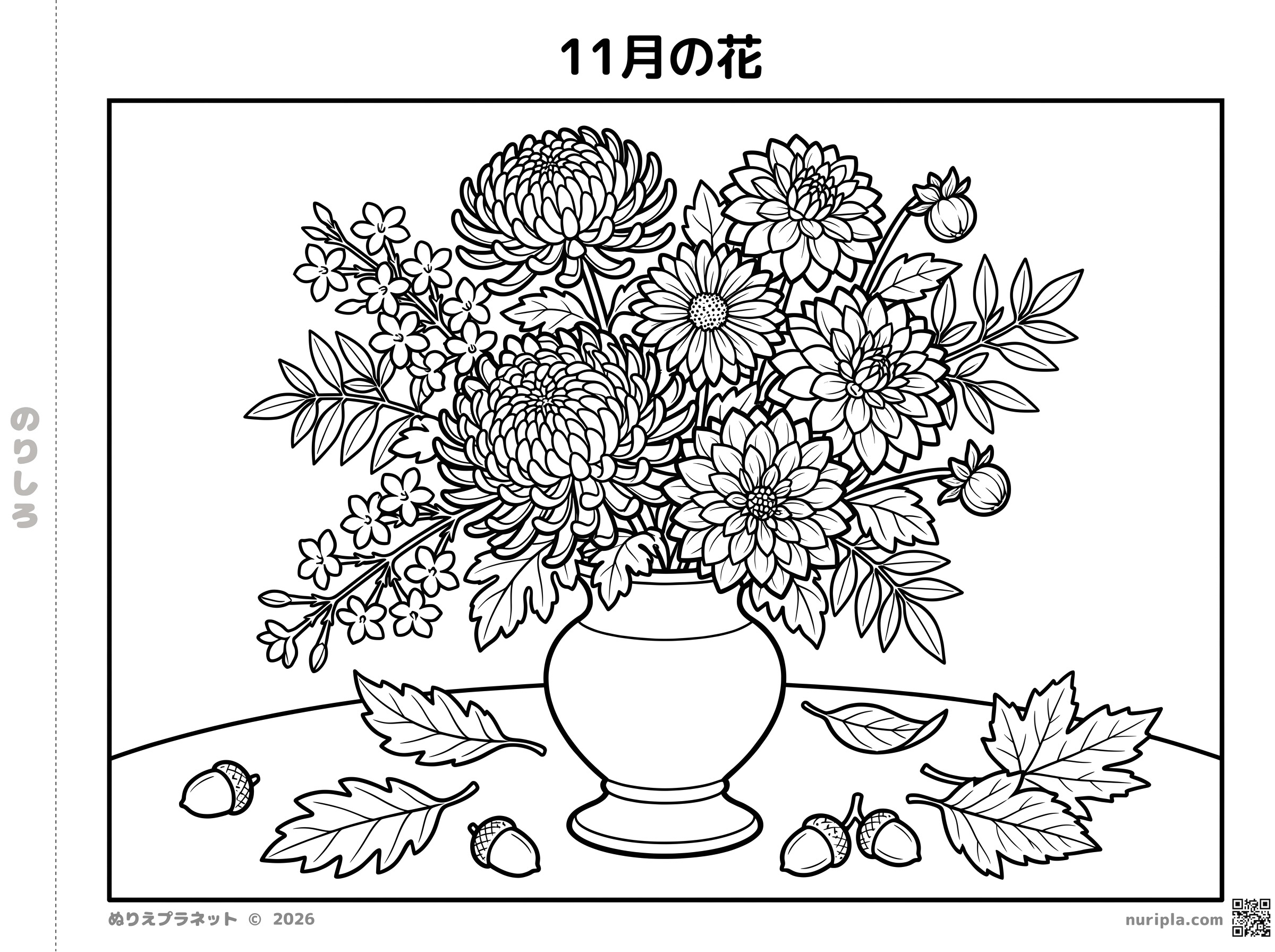 花瓶に生けた菊やダリアと落ち葉やどんぐりを描いた11月の花の塗り絵