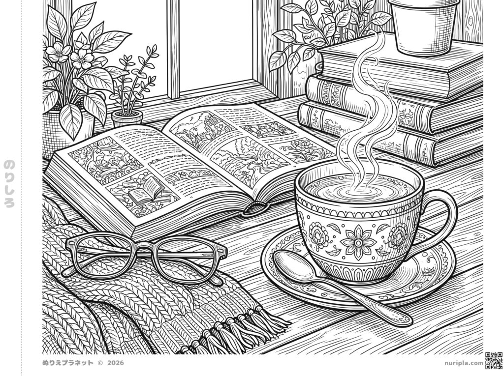 11月の窓辺で楽しむ温かい紅茶と開かれた本、眼鏡とニットマフラーの大人の塗り絵用線画イラスト